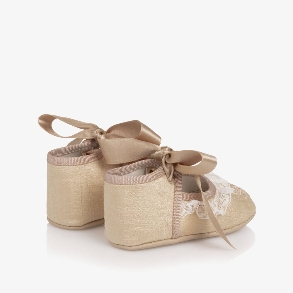 Beatrice & George-Girls Champagne Gold Silk Embroidered Pre-Walker Shoes | Childrensalon