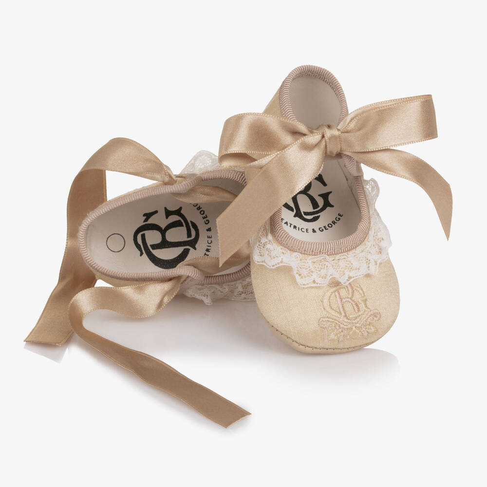 Beatrice & George-Girls Champagne Gold Silk Embroidered Pre-Walker Shoes | Childrensalon