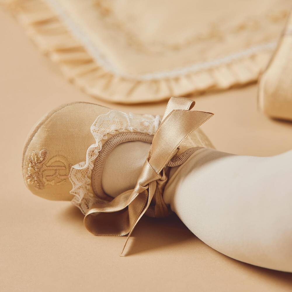 Beatrice & George-Girls Champagne Gold Silk Embroidered Pre-Walker Shoes | Childrensalon
