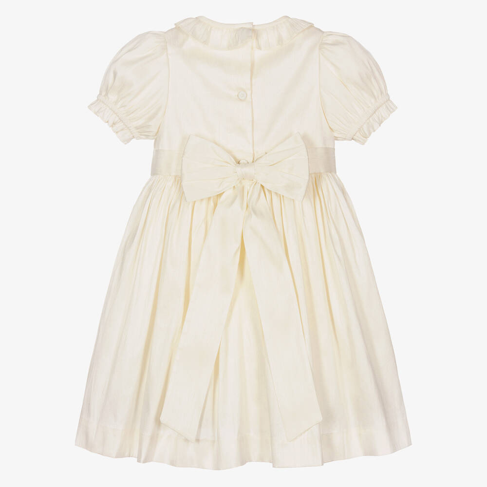 Beatrice & George-Girls Champagne Hand-Smocked Dupion Dress | Childrensalon