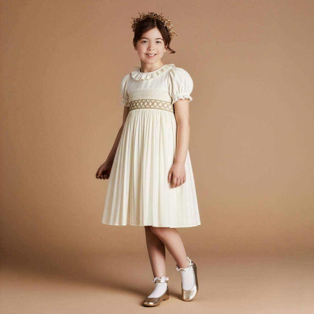 Beatrice & George-Girls Champagne Hand-Smocked Dupion Dress | Childrensalon