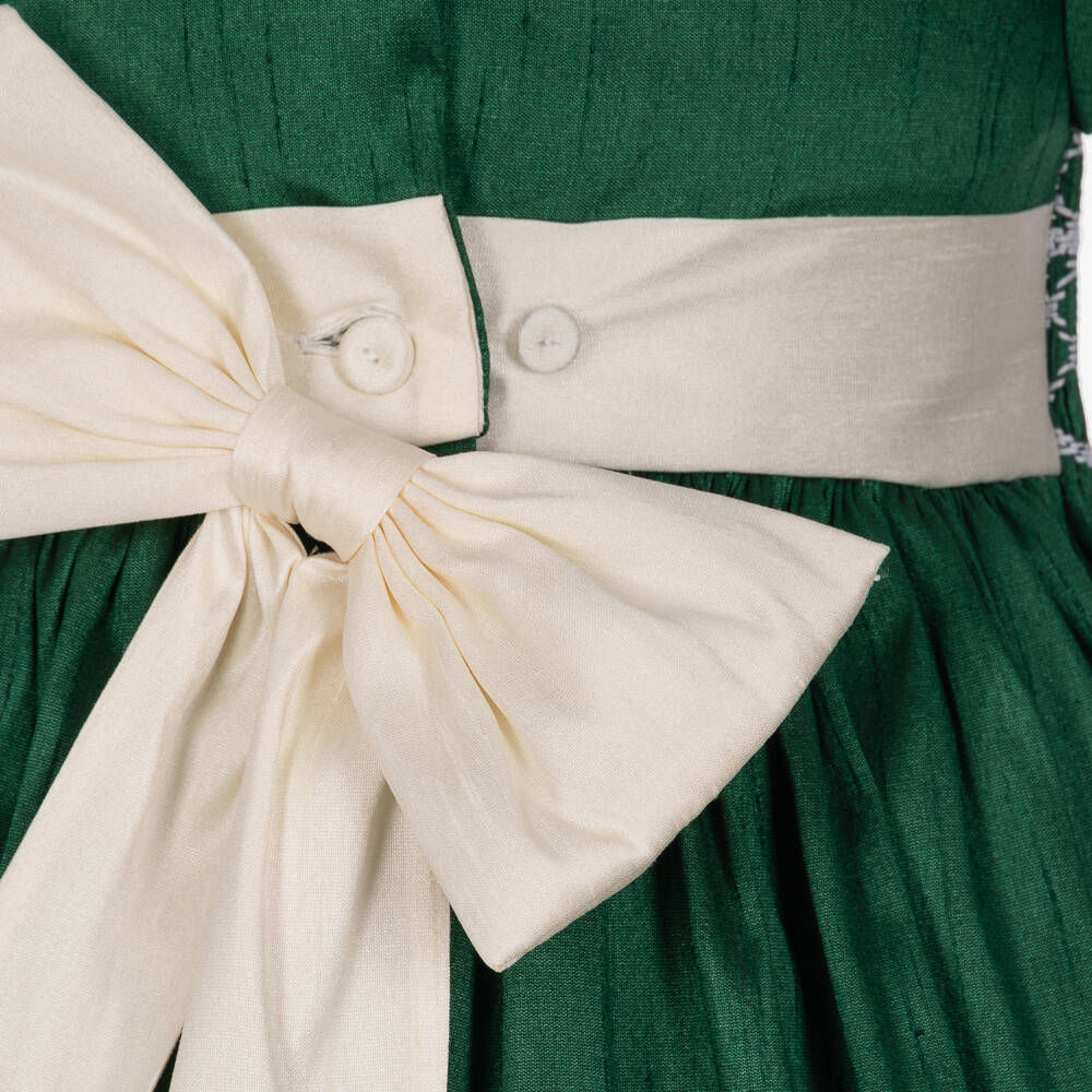 Beatrice & George-Girls Emerald Green Hand-Smocked Dupion Dress | Childrensalon
