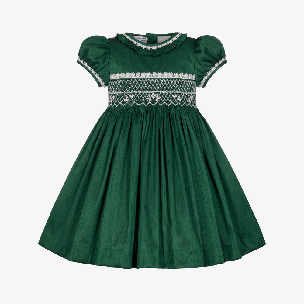 Beatrice & George-Girls Emerald Green Hand-Smocked Dupion Dress | Childrensalon