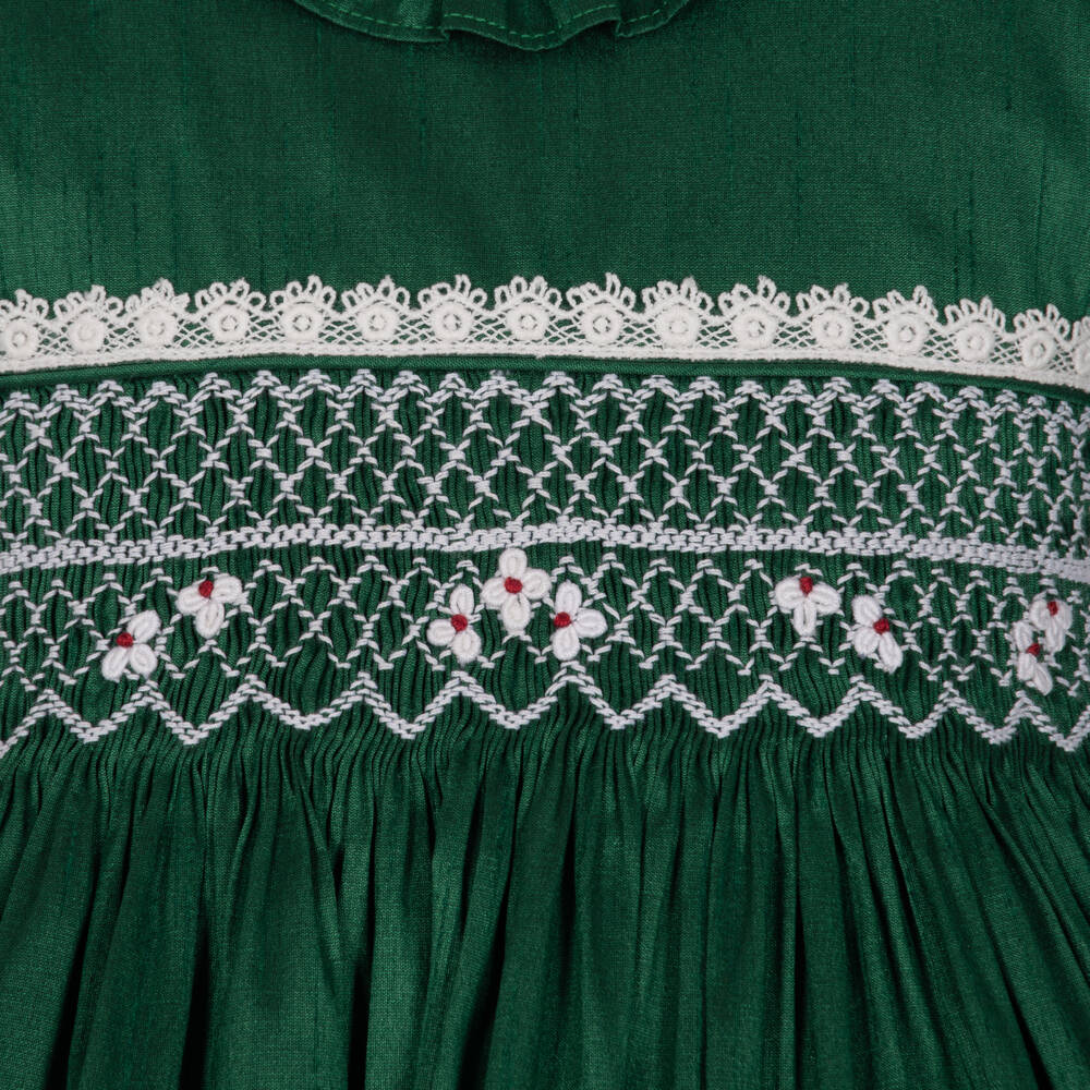 Beatrice & George-Girls Emerald Green Hand-Smocked Dupion Dress | Childrensalon