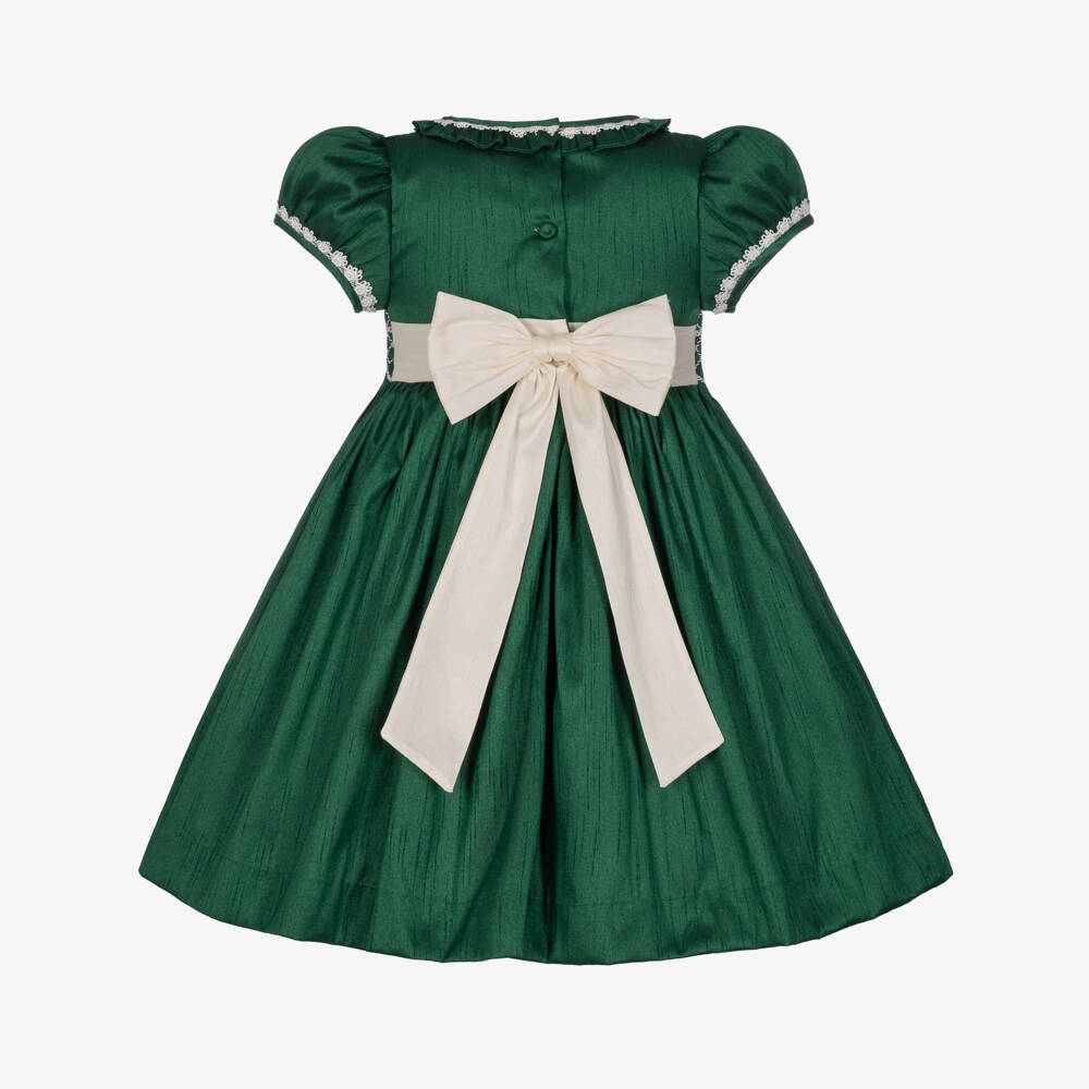 Beatrice & George-Girls Emerald Green Hand-Smocked Dupion Dress | Childrensalon