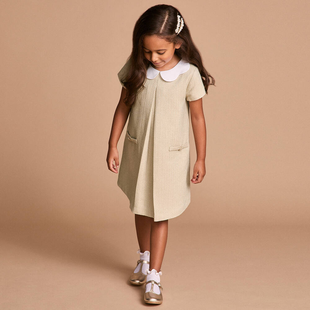 Beatrice & George-Girls Glittery Gold Jacquard Dress | Childrensalon