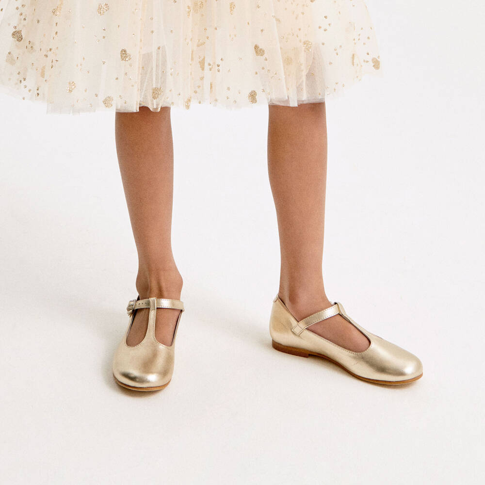 Beatrice & George-Girls Gold Leather T-Bar Shoes | Childrensalon