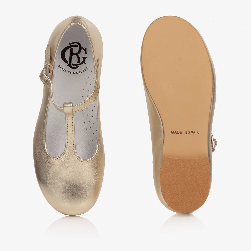 Beatrice & George-Girls Gold Leather T-Bar Shoes | Childrensalon