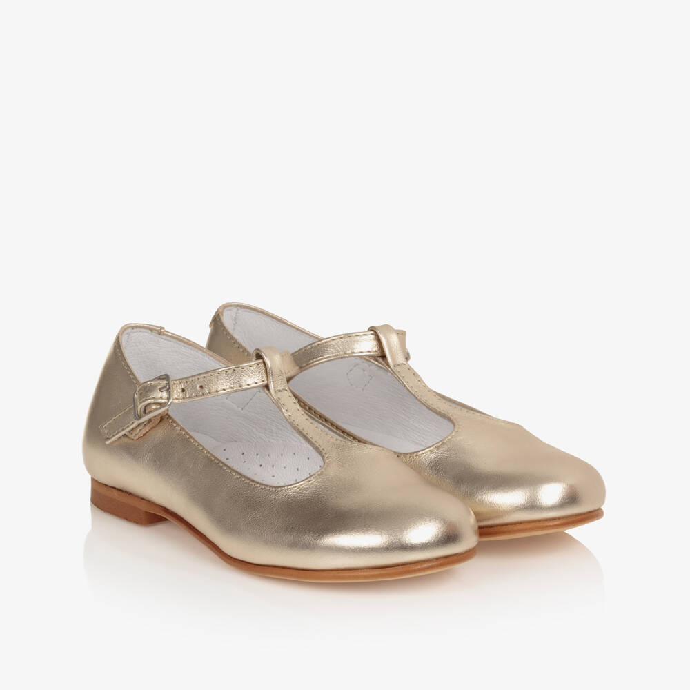 Beatrice & George-Girls Gold Leather T-Bar Shoes | Childrensalon