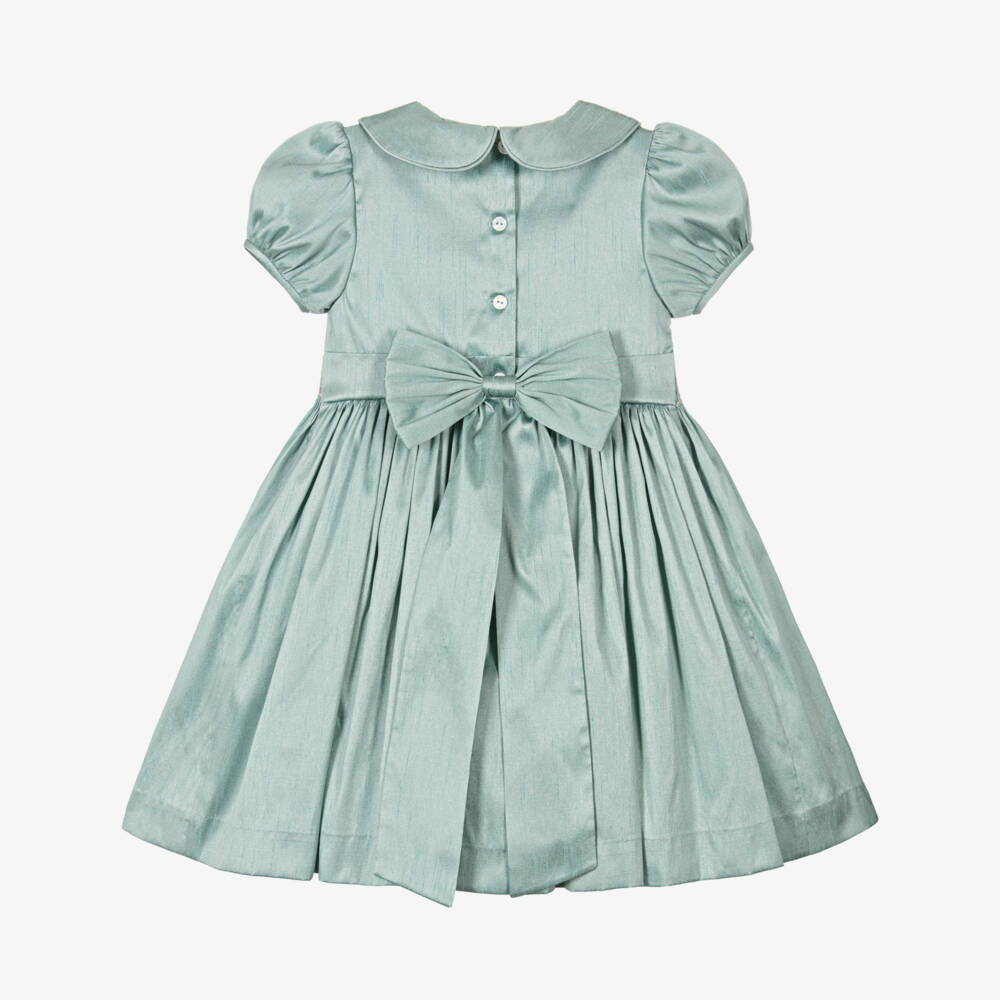 Beatrice & George-Girls Green Hand-Smocked & Embroidered Dupion Dress | Childrensalon