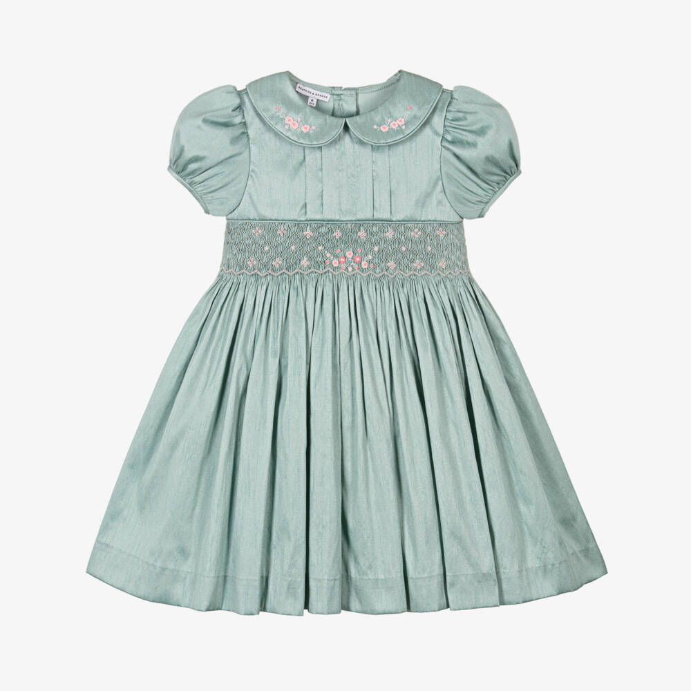 Beatrice & George-Girls Green Hand-Smocked & Embroidered Dupion Dress  | Childrensalon