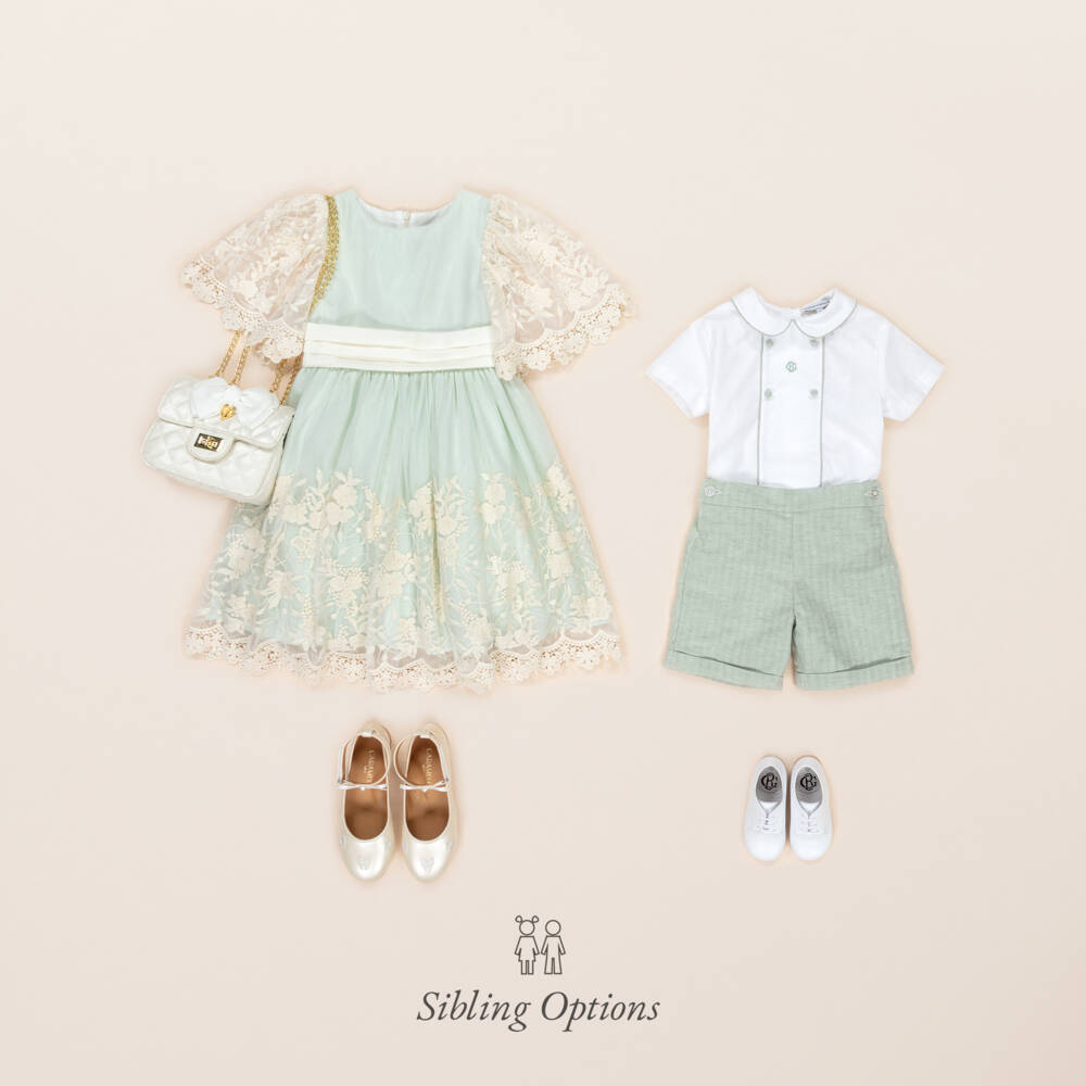 Beatrice & George-Girls Green & Ivory Embroidered Tulle Dress | Childrensalon