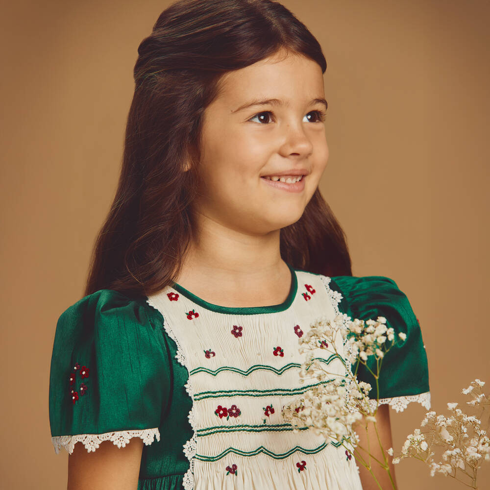 Beatrice & George-Girls Green & Ivory Hand-Smocked Dupion Dress | Childrensalon