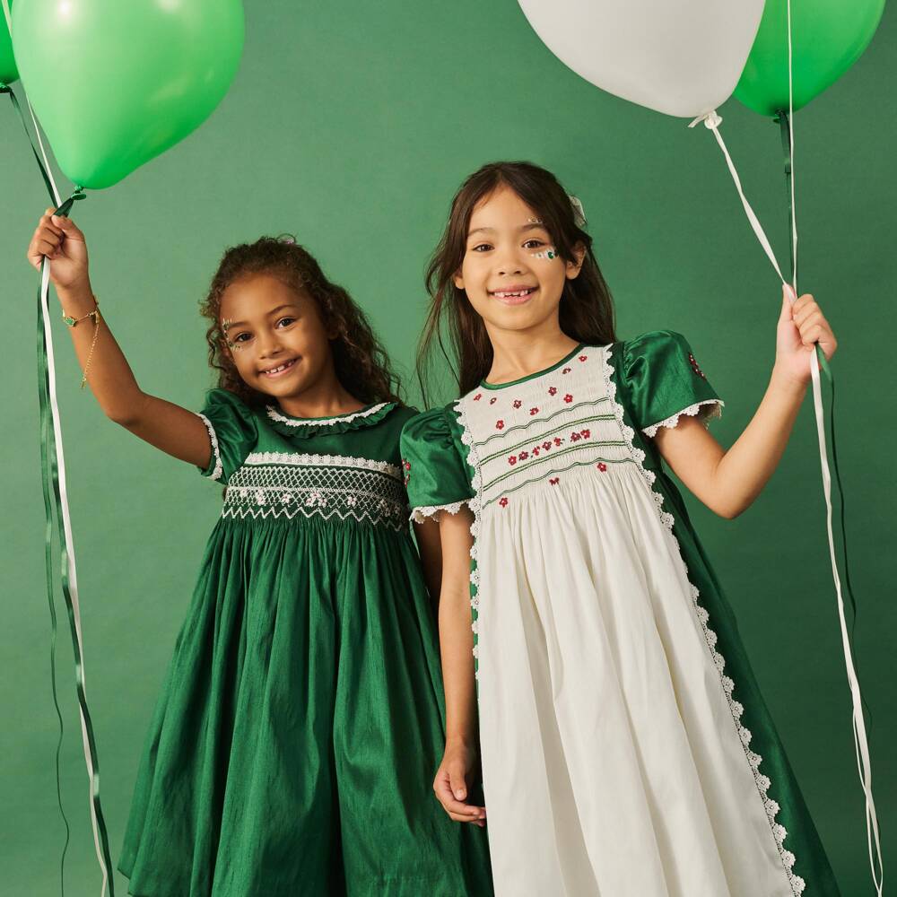 Beatrice & George-Girls Green & Ivory Hand-Smocked Dupion Dress | Childrensalon