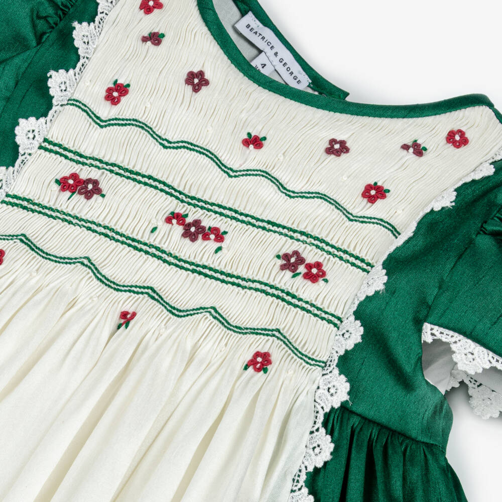 Beatrice & George-Girls Green & Ivory Hand-Smocked Dupion Dress | Childrensalon