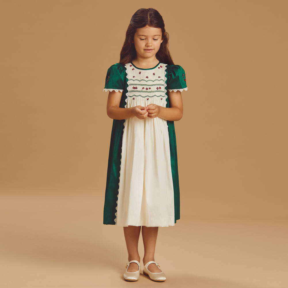 Beatrice & George-Girls Green & Ivory Hand-Smocked Dupion Dress | Childrensalon