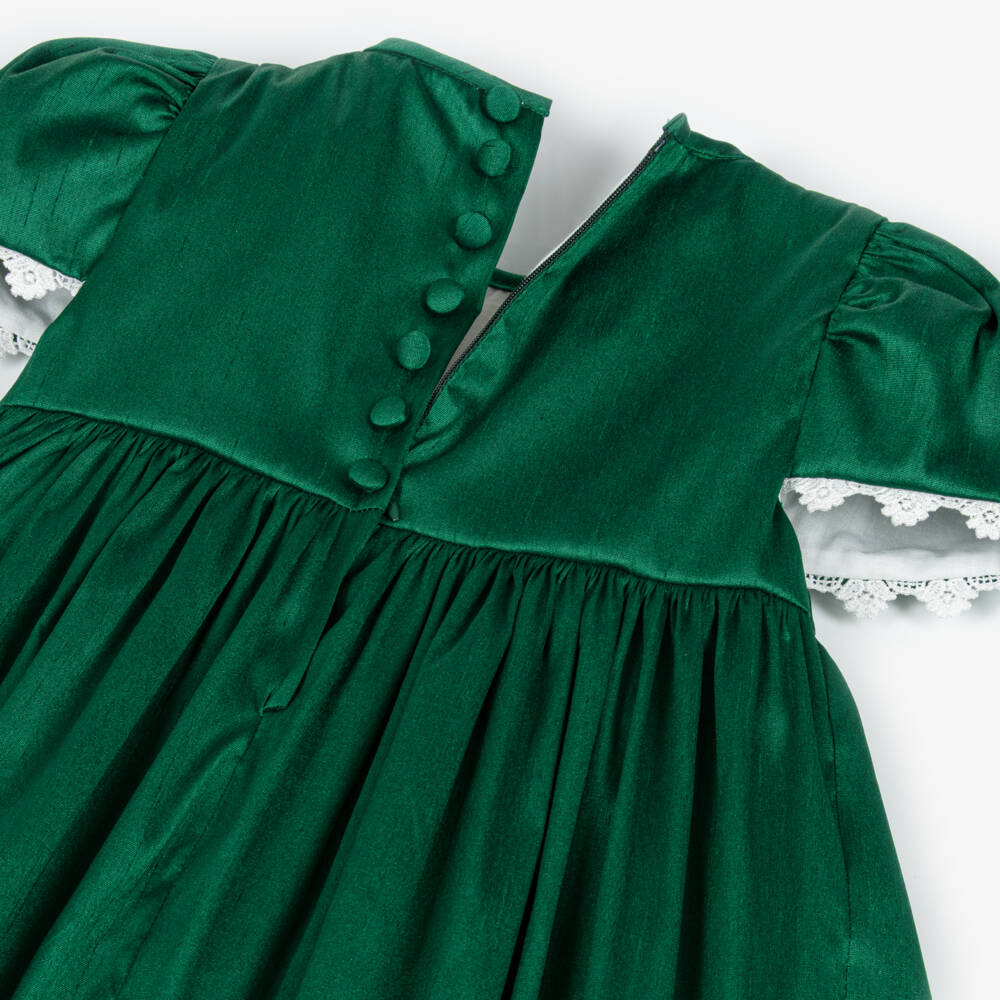 Beatrice & George-Girls Green & Ivory Hand-Smocked Dupion Dress | Childrensalon