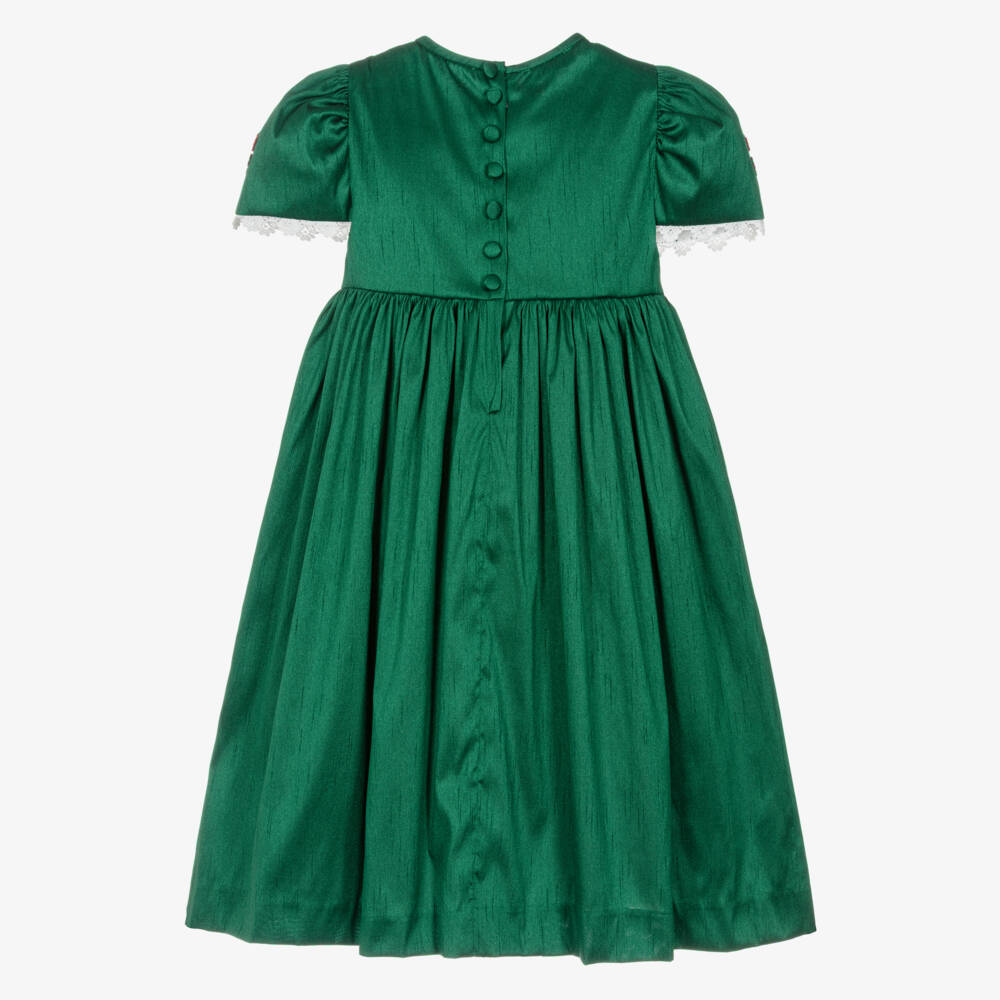 Beatrice & George-Girls Green & Ivory Hand-Smocked Dupion Dress | Childrensalon