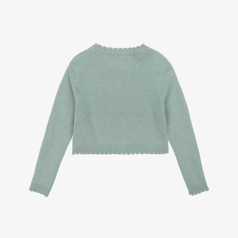 Beatrice & George-Girls Green Monogram Cardigan with Wool & Cashmere | Childrensalon