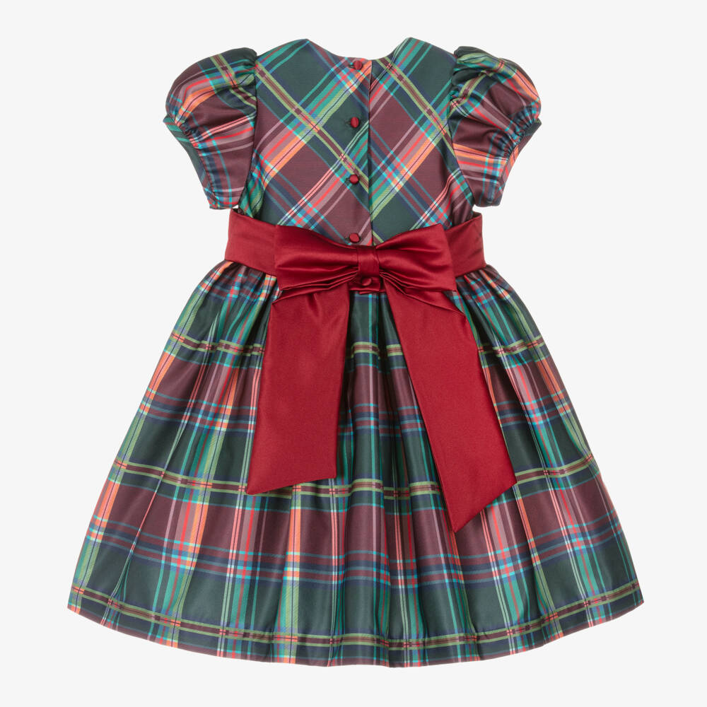 Beatrice & George-Girls Green Tartan Satin Twill Dress | Childrensalon