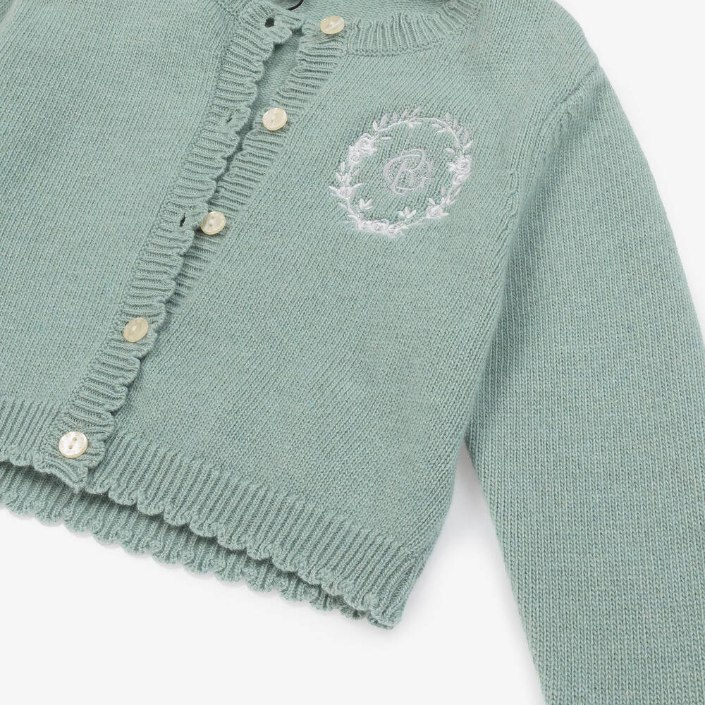 Beatrice George Girls Green Wool Cashmere Monogram Cardigan