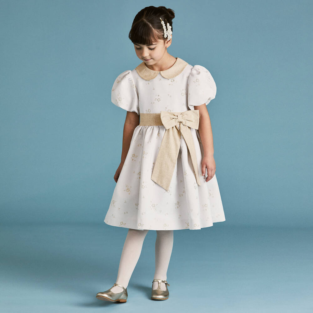 Beatrice & George-Girls Ivory Cotton Floral Jacquard Dress | Childrensalon