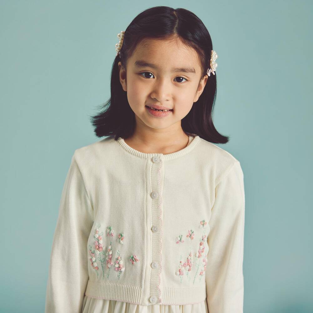 Beatrice & George-Girls Ivory Cotton Knit Cardigan with Embroidered Florals | Childrensalon