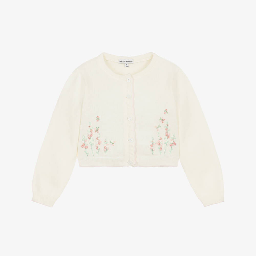 Beatrice & George-Кардиган кремовый из хлопкового трикотажа с вышитыми цветами для девочек | Childrensalon