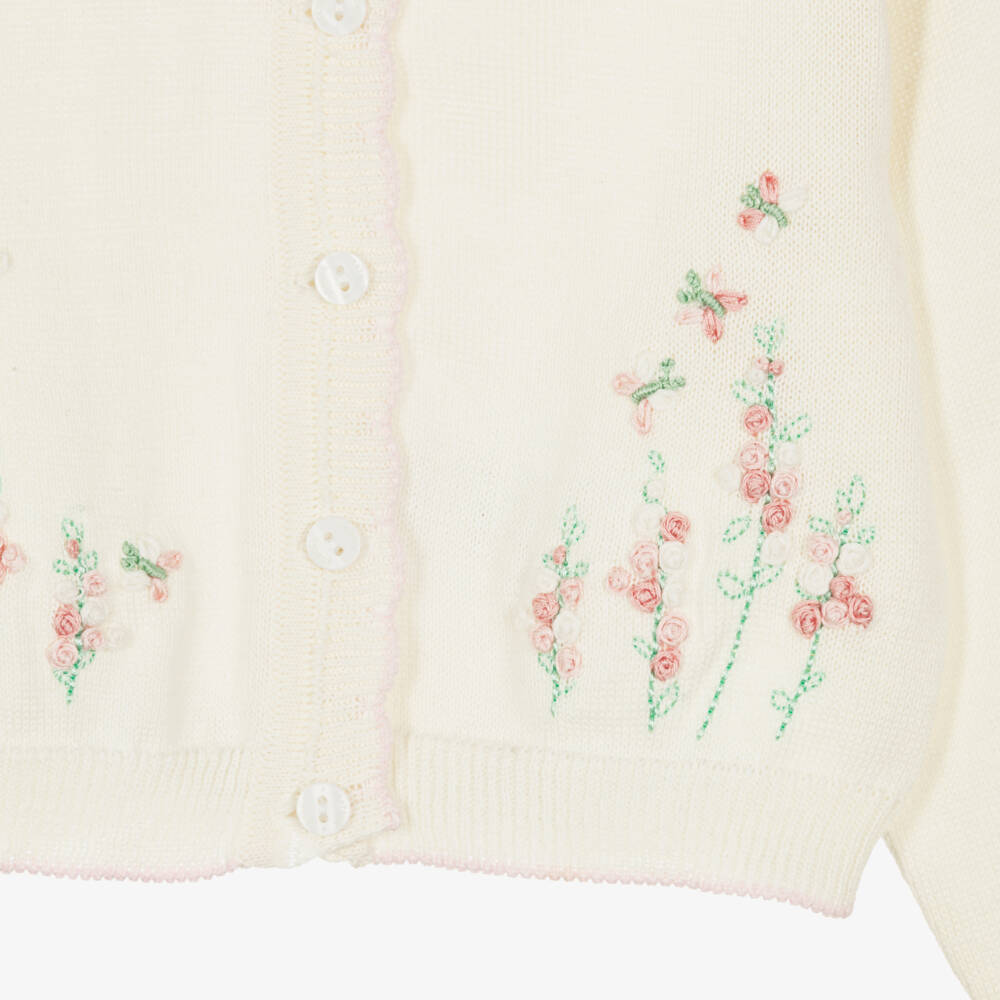 Beatrice & George-Girls Ivory Cotton Knit Cardigan with Embroidered Florals | Childrensalon