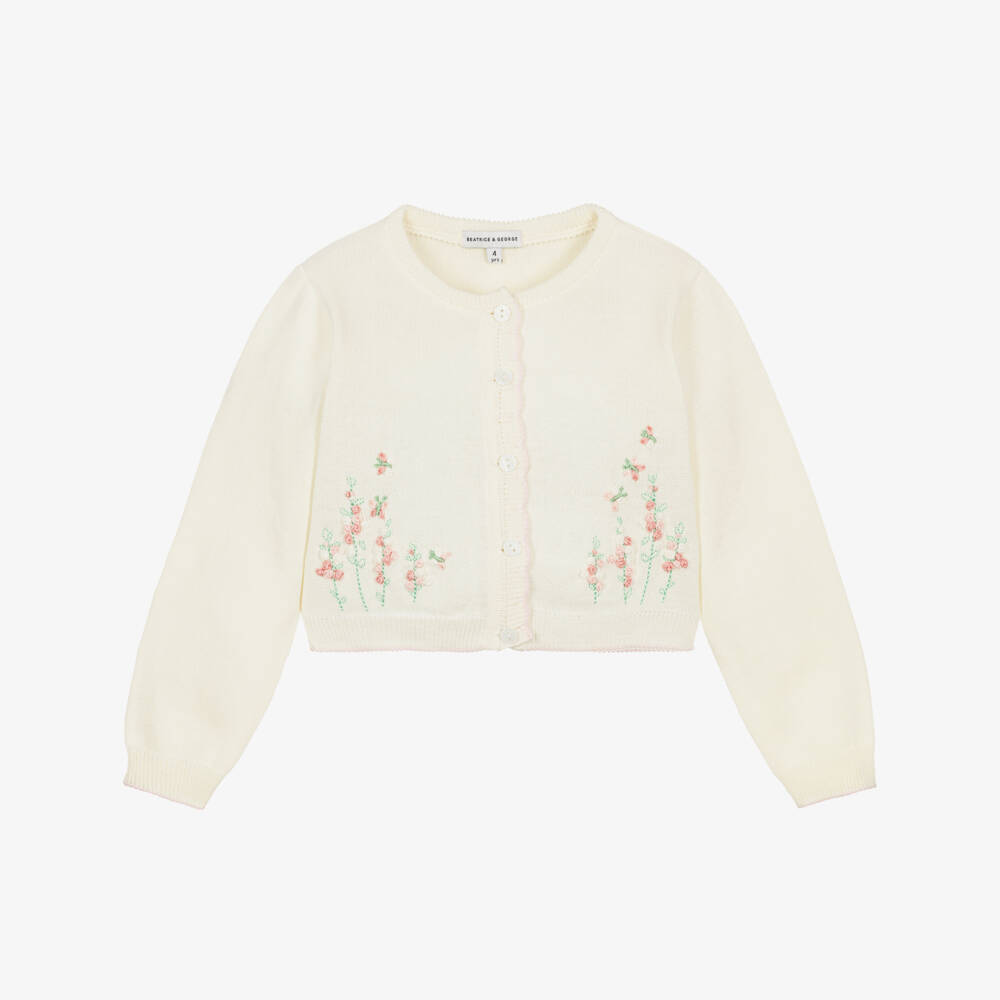 Beatrice & George-كارديغان محبوك مطرز بورود لون عاجي للبنات | Childrensalon