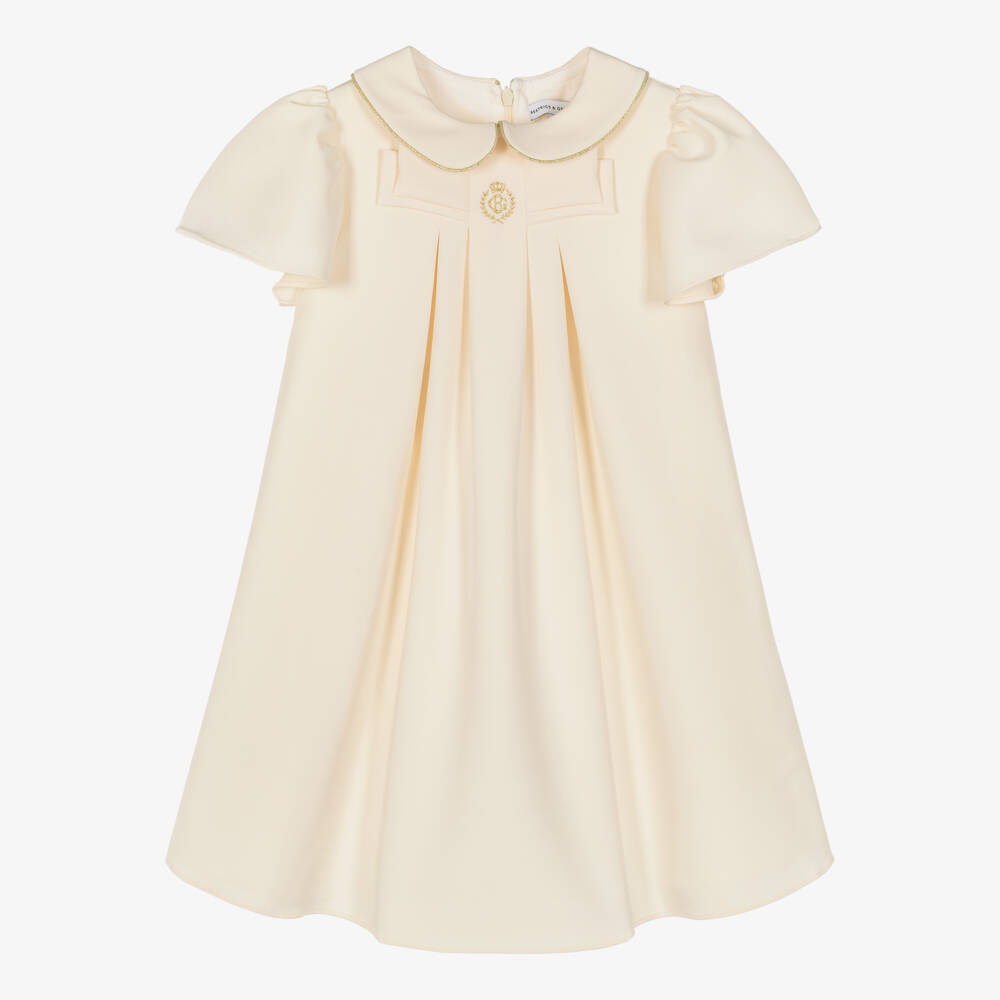 Beatrice & George-Girls Ivory Crêpe Dress with Golden Accents | Childrensalon