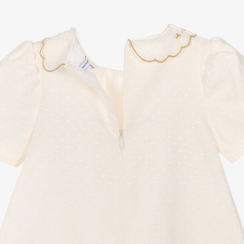 Beatrice & George-Girls Ivory & Gold Dress with Embroidered Collar | Childrensalon