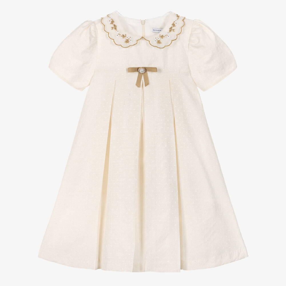 Beatrice & George-Girls Ivory & Gold Dress with Embroidered Collar  | Childrensalon