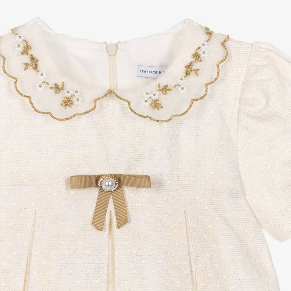 Beatrice & George-Girls Ivory & Gold Dress with Embroidered Collar | Childrensalon