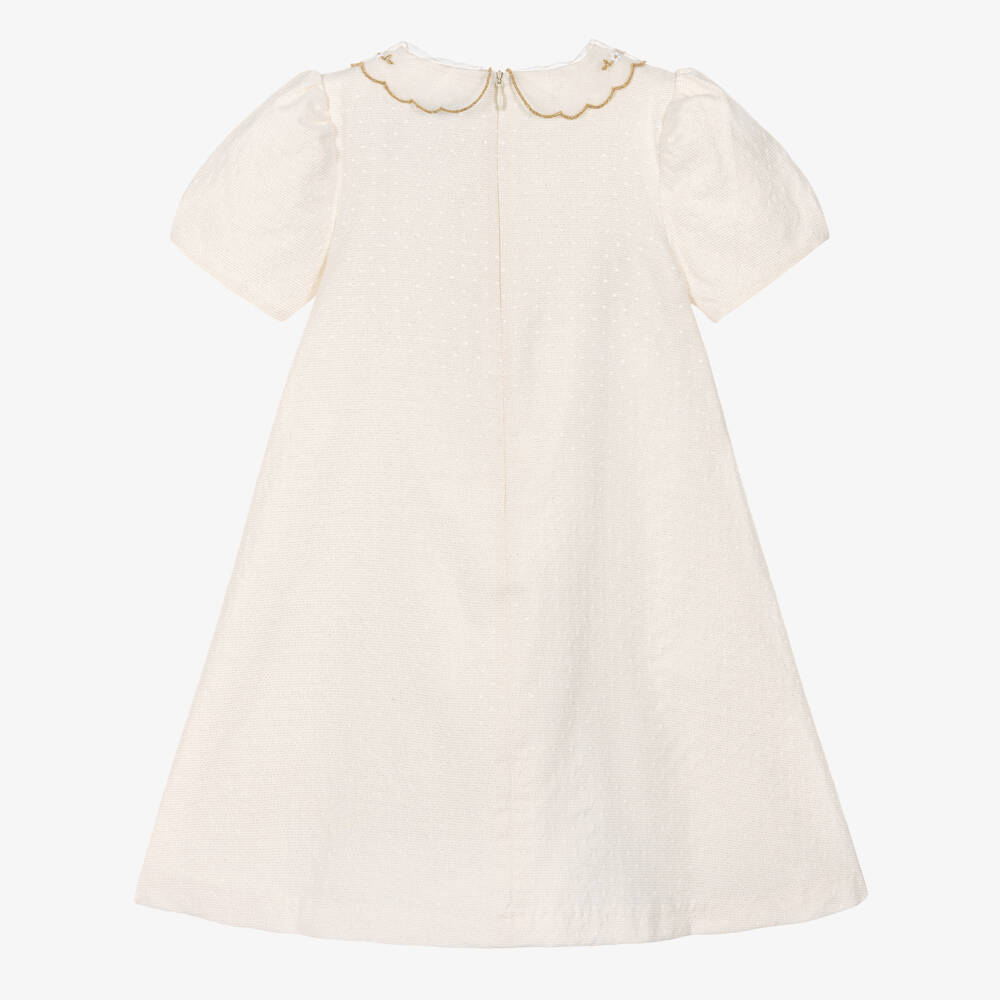 Beatrice & George-Girls Ivory & Gold Dress with Embroidered Collar | Childrensalon