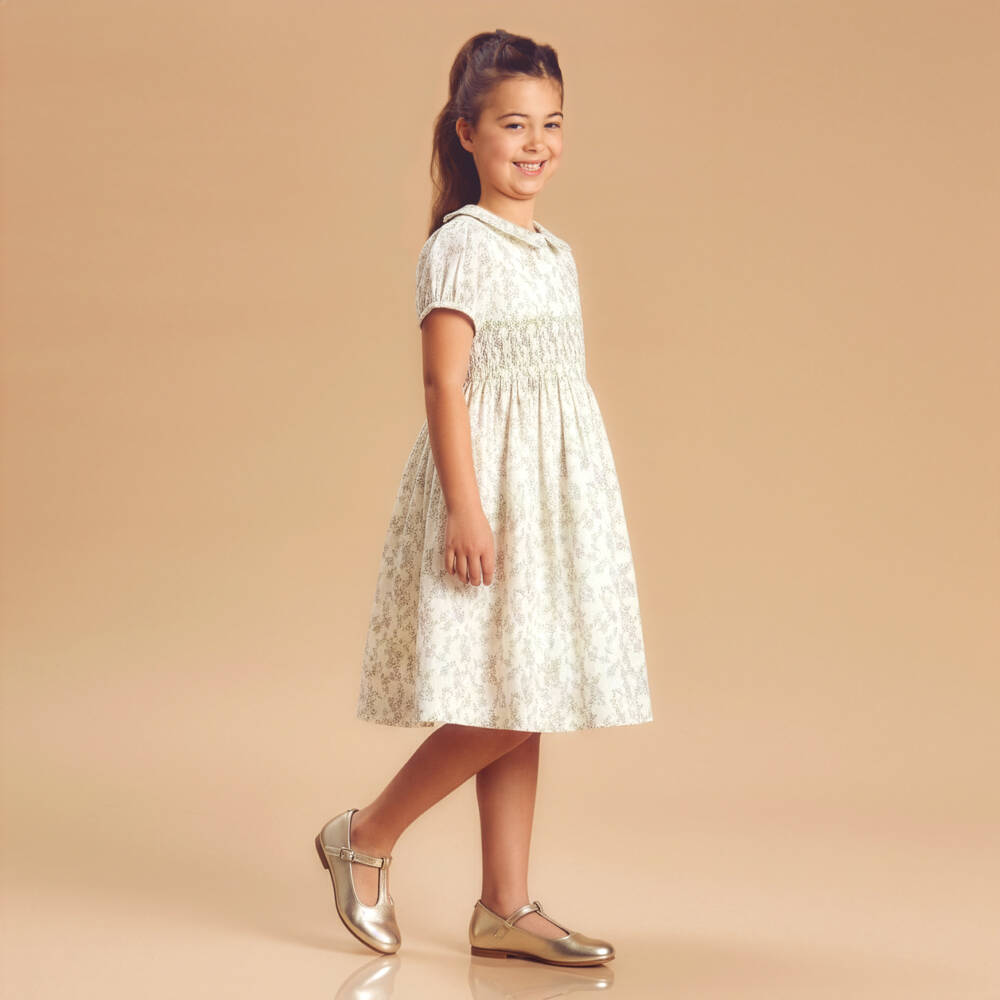 Beatrice & George-Girls Ivory & Green Floral Hand-Smocked Dress | Childrensalon