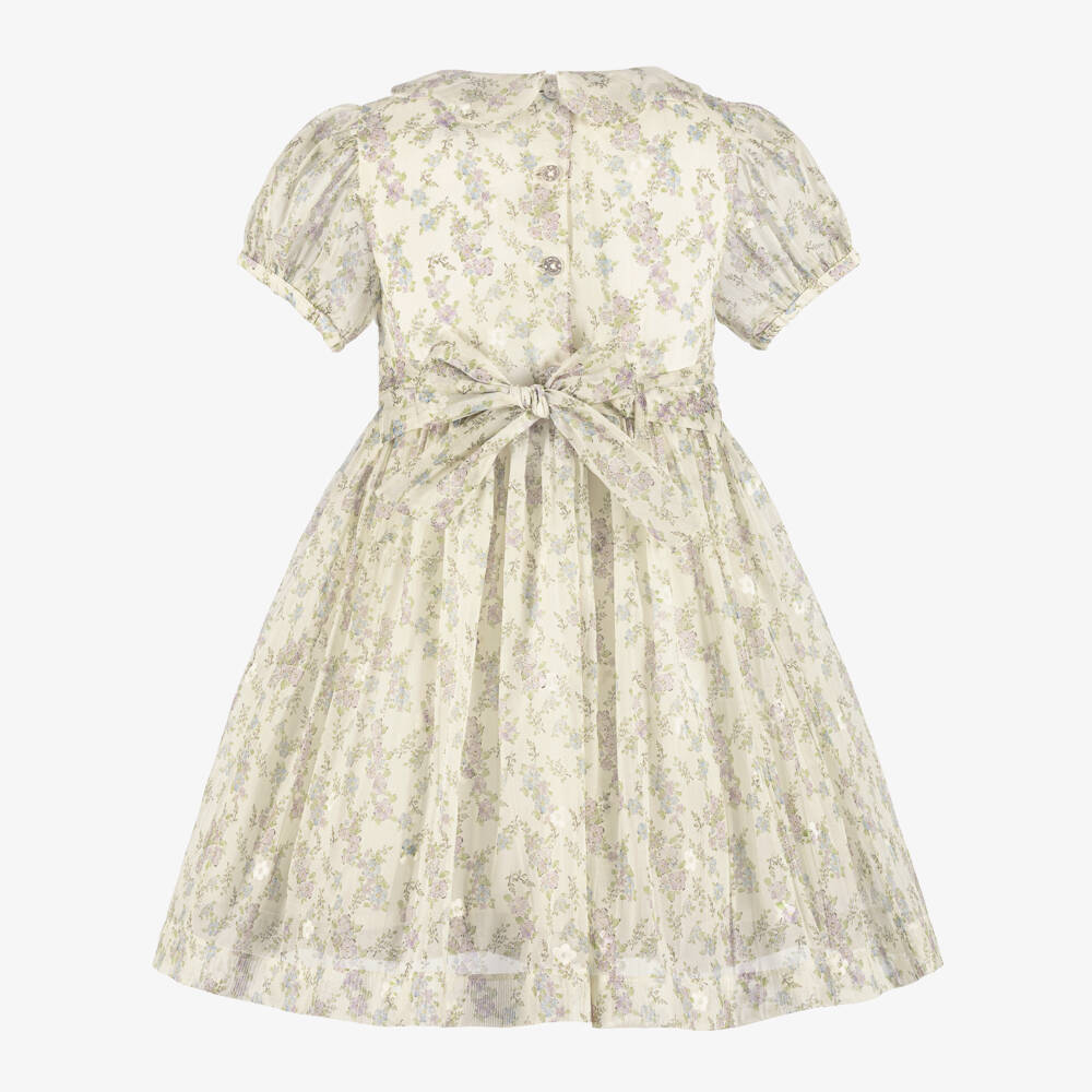Beatrice & George-Girls Ivory & Green Floral Hand-Smocked Dress | Childrensalon