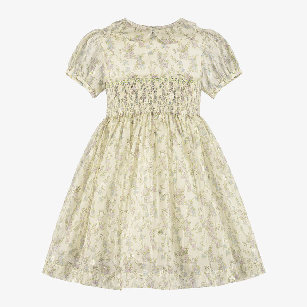 Beatrice & George-فستان بتطرز سموك وطبعة ورود لون أخضر وعاجي للبنات | Childrensalon