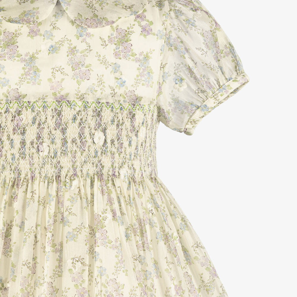 Beatrice & George-فستان بتطرز سموك وطبعة ورود لون أخضر وعاجي للبنات | Childrensalon