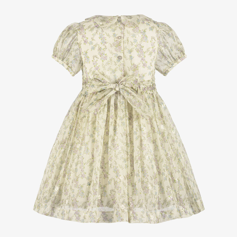 Beatrice & George-فستان بتطرز سموك وطبعة ورود لون أخضر وعاجي للبنات | Childrensalon
