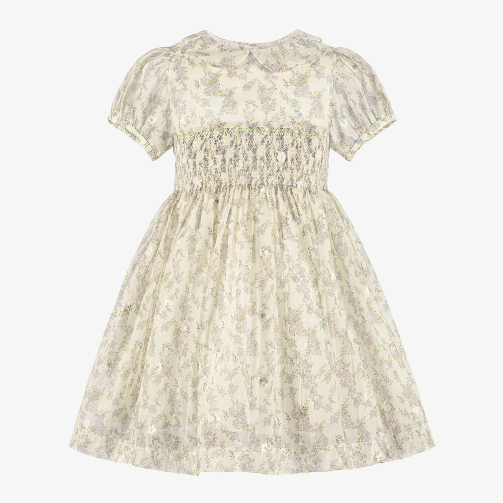 Beatrice & George-فستان بتطرز سموك وطبعة ورود لون أخضر وعاجي للبنات | Childrensalon