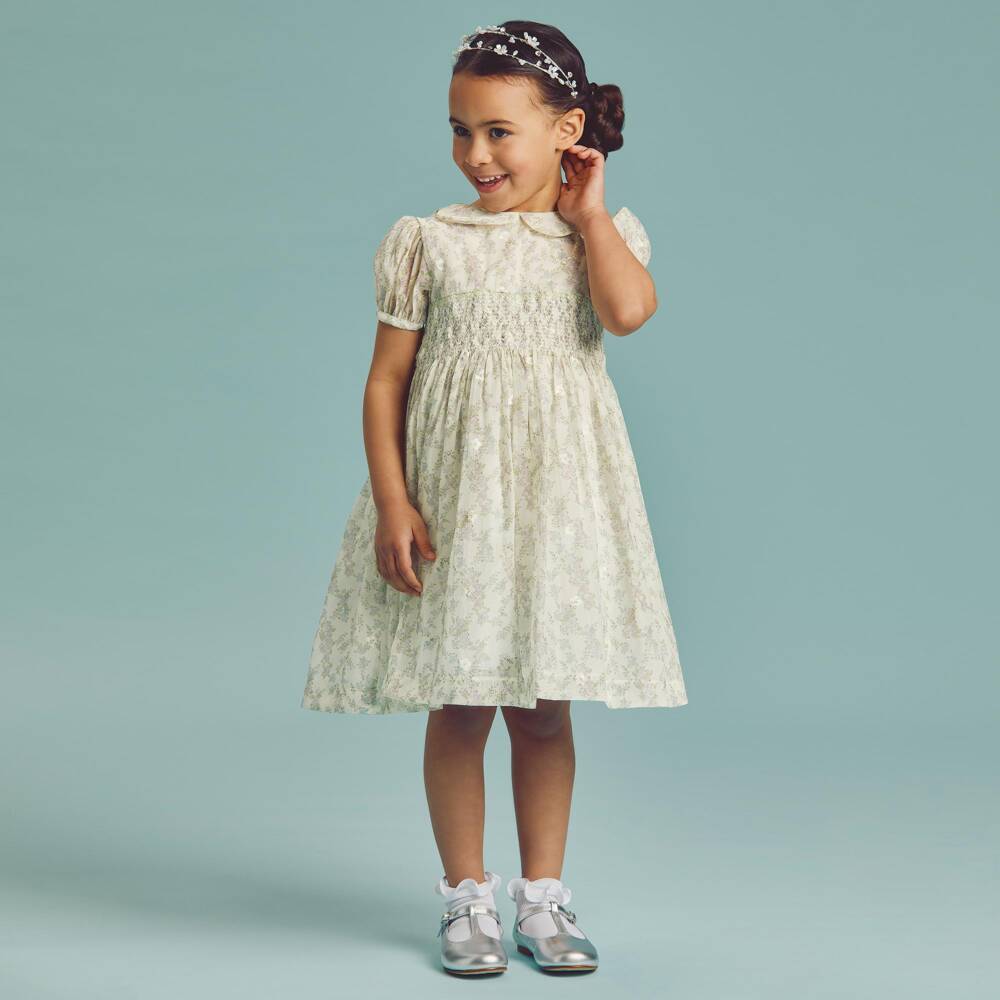 Beatrice & George-Girls Ivory & Green Floral Smocked Dress | Childrensalon