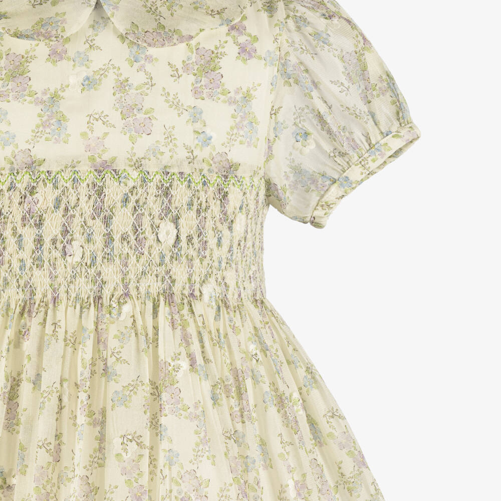 Beatrice & George-فستان بتطرز سموك وطبعة ورود لون أخضر وعاجي للبنات | Childrensalon