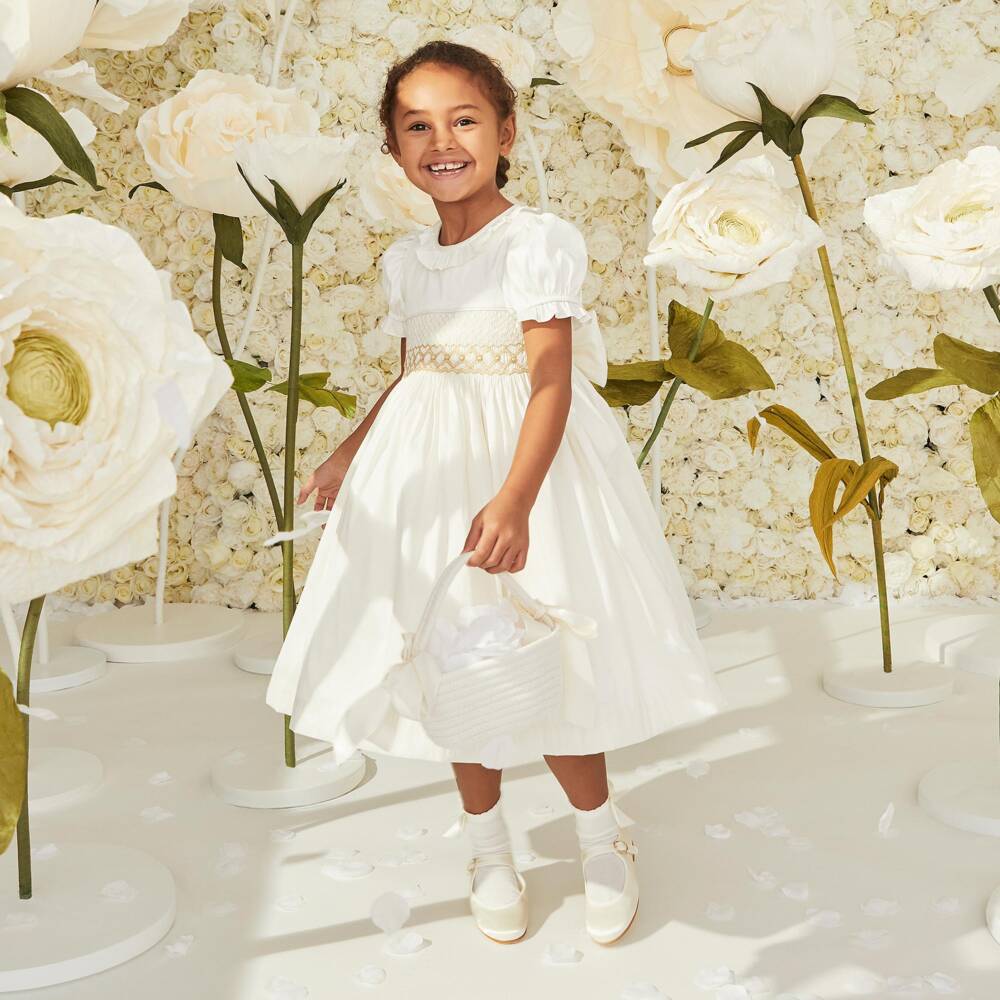 Beatrice & George-Girls Ivory Hand-Smocked Dupion Dress | Childrensalon