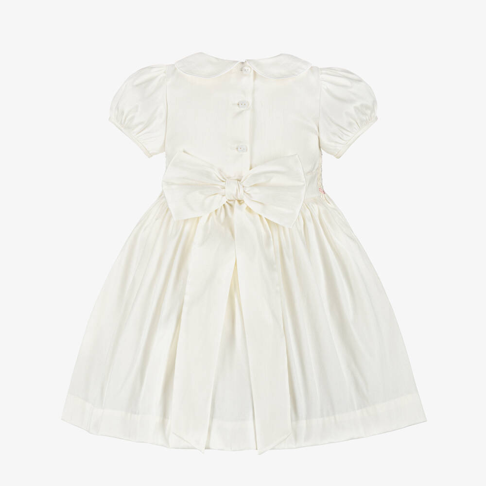 Beatrice & George-Girls Ivory Hand Smocked & Embroidered Dupion Dress | Childrensalon
