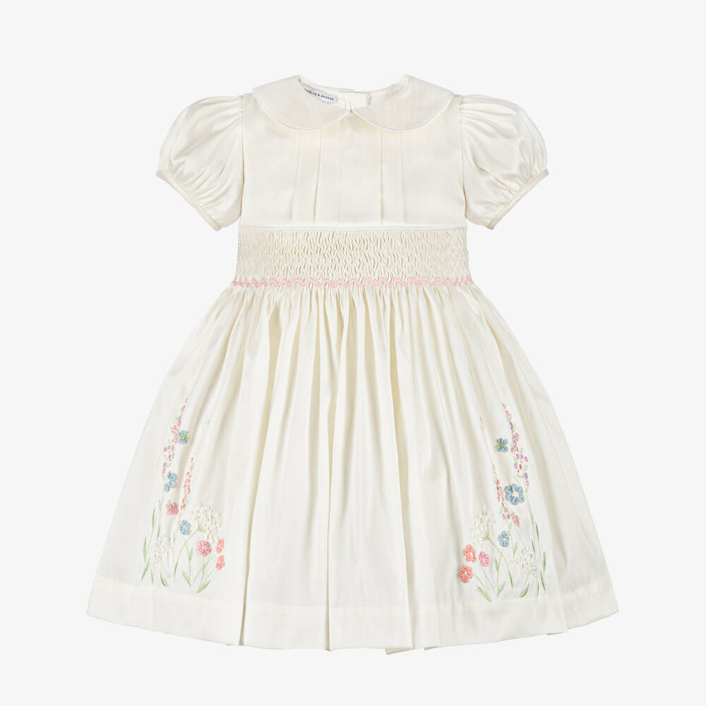 Beatrice & George-Girls Ivory Hand Smocked & Embroidered Dupion Dress | Childrensalon