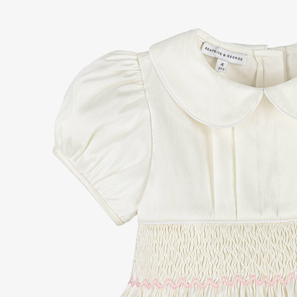 Beatrice & George-Girls Ivory Hand Smocked & Embroidered Dupion Dress | Childrensalon