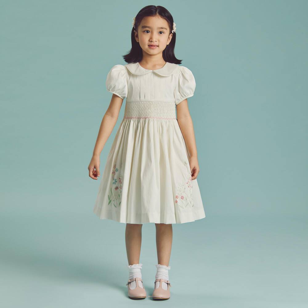 Beatrice & George-Girls Ivory Hand Smocked & Embroidered Dupion Dress | Childrensalon