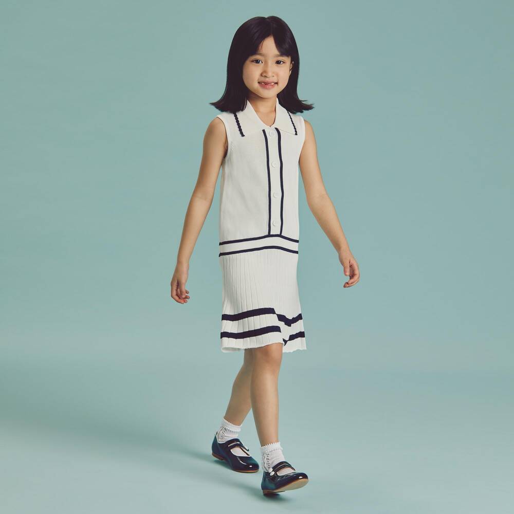 Beatrice & George-فستان محبوك بدون أكمام لون عاجي وكحلي للبنات | Childrensalon