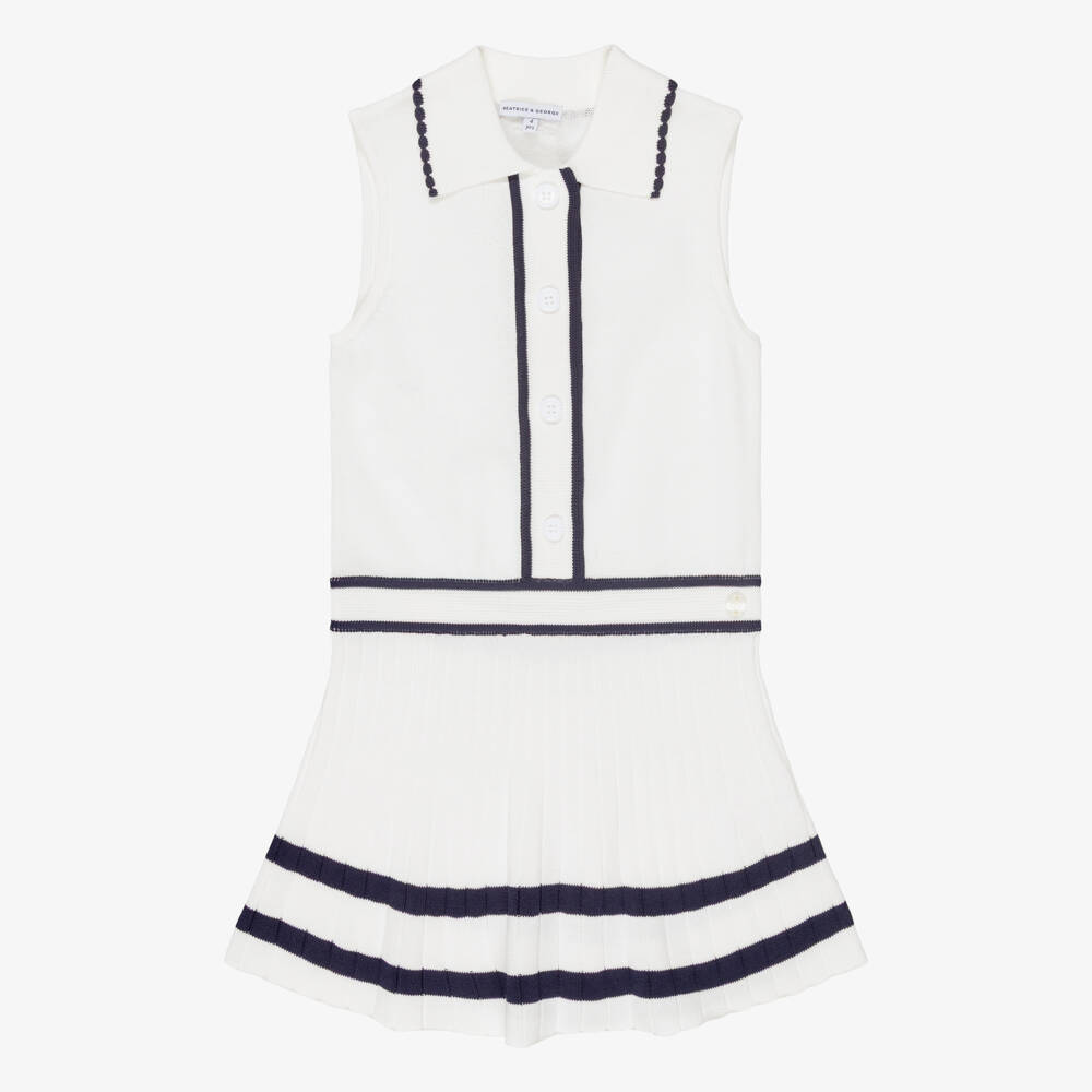 Beatrice & George-Girls Ivory & Navy Blue Sleeveless Knitted Dress | Childrensalon